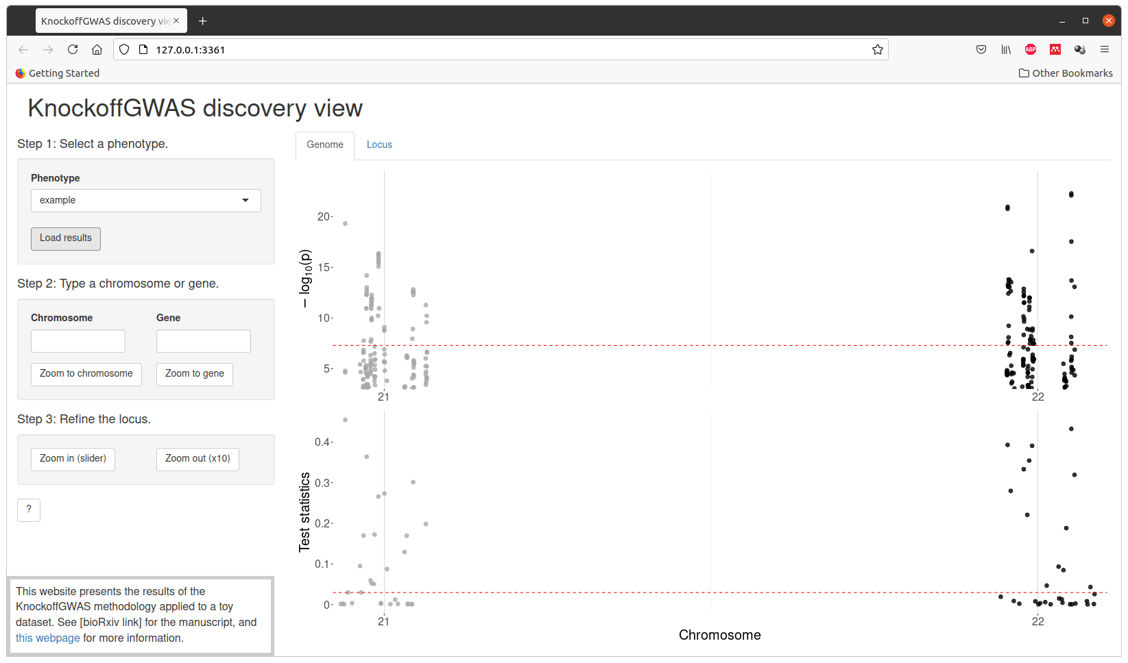 Screenshot of full-genome visualization of KnockoffGWAS discoveries on tutorial data